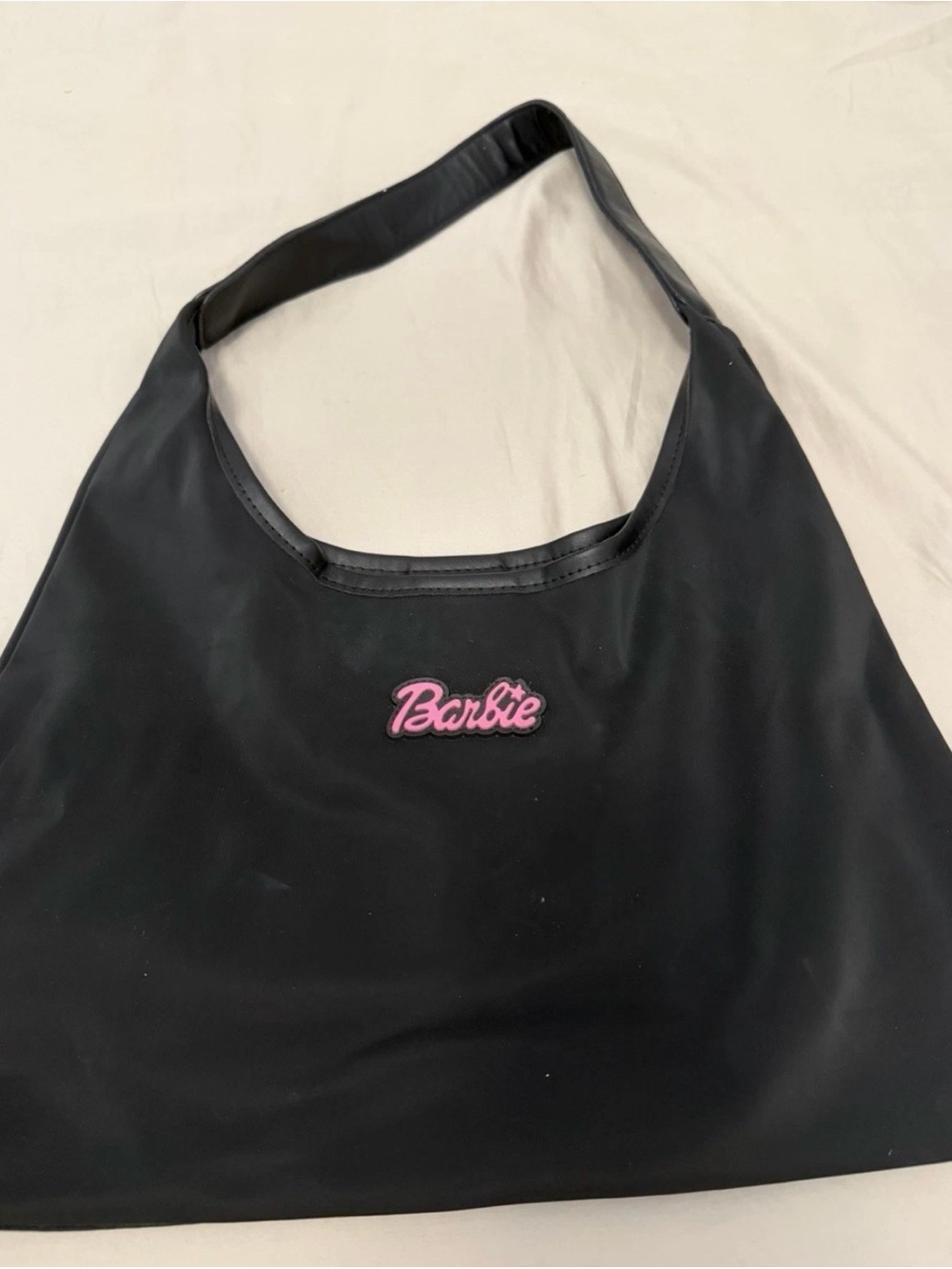 Barbie Black Hobo Shoulder Bag Embroidered Logo Magnetic Closure Pockets Lined